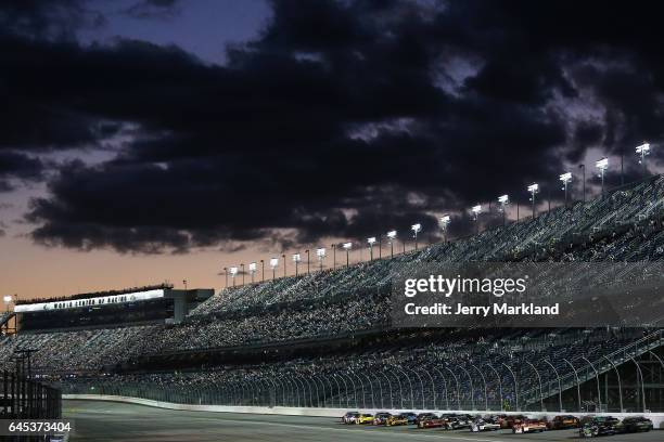 General view as cars race during the NASCAR XFINITY Series PowerShares QQQ 300 at Daytona International Speedway on February 25, 2017 in Daytona...