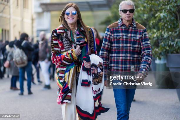 Anna dello Russo wearing Missoni coat and Angelo Gioia outside Missoni during Milan Fashion Week Fall/Winter 2017/18 on February 25, 2017 in Milan,...