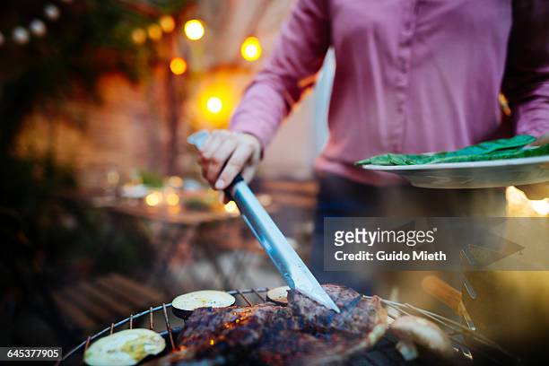 woman having a barbecue outdoor. - gegrild stockfoto's en -beelden