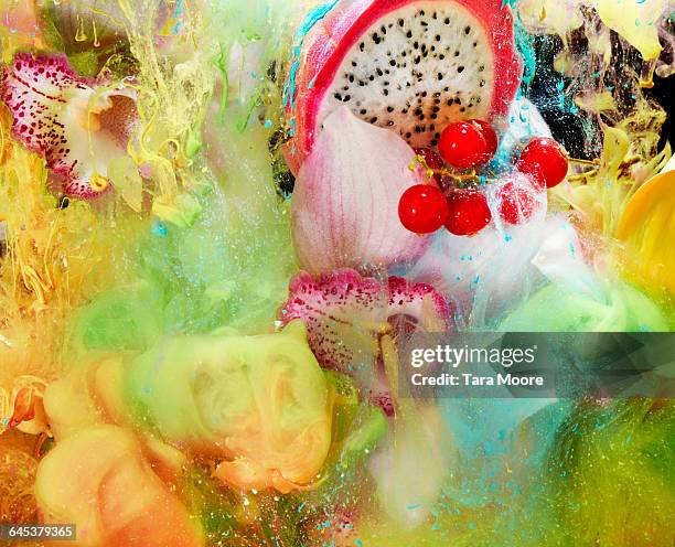 fruit, flowers and paint in water - surreal water stock pictures, royalty-free photos & images