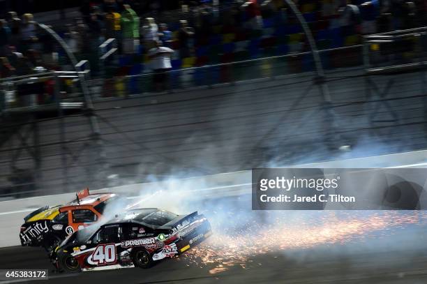 Matt Tifft, driver of the Tunity Toyota, and Brandon Hightower, driver of the Premier Recycling Toyota, are involved in an on-track incident at the...