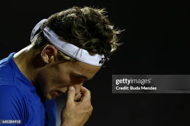 Casper Ruud of Norway laments lost a point during the semifinals of the ATP Rio Open 2017 at Jockey Club Brasileiro on February 25, 2017 in Rio de...