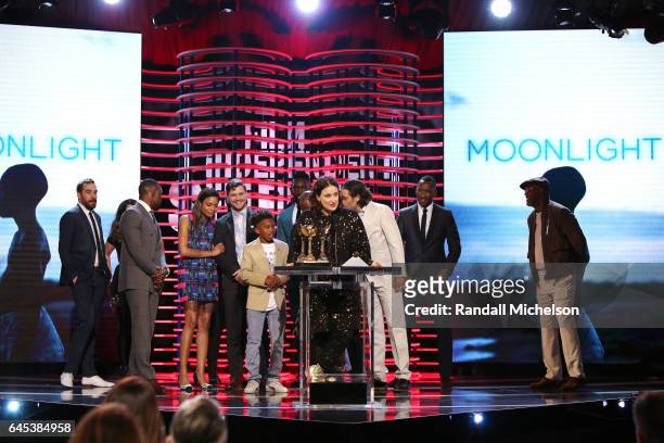 The cast and creators of 'Moonlight' accept the Best Feature award onstage during the 2017 Film Independent Spirit Awards at the Santa Monica Pier on...