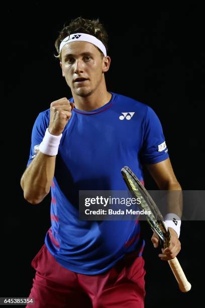 Casper Ruud of Norway celebrates a point against Pablo Carreno Busta of Spain during the semifinals of the ATP Rio Open 2017 at Jockey Club...