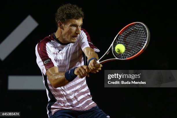 Pablo Carreno Busta of Spain returns a shot to Casper Ruud of Norway during the semifinals of the ATP Rio Open 2017 at Jockey Club Brasileiro on...