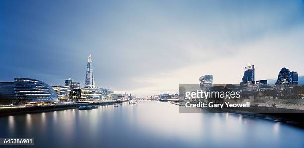 city of london skyline with shard at dusk - london skyline river thames stock pictures, royalty-free photos & images