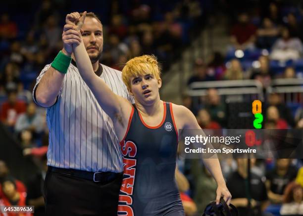 Trinity junior Mack Beggs is named the winner of the 6A Girls 110 Weight Class championship match in the Texas Wrestling State Tournament on February...