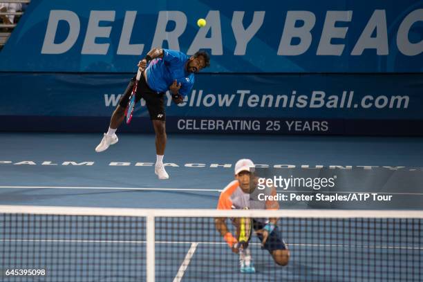 Yen-Hsun Lu of Taiwan and Leander Paes of India in doubles action losing toTreat Huey of Philippines and Max Mirnyi of Belarus at the Delray Beach...