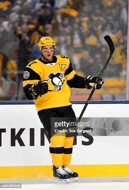 Sidney Crosby of the Pittsburgh Penguins celebrates his first period goal against the Philadelphia Flyers during the 2017 Coors Light NHL Stadium...