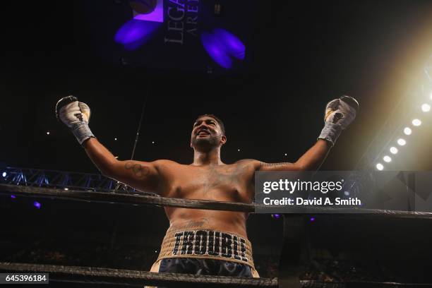 Dominic Breazeale celebrates his victory over Izu Uogonoh in a heavyweight bout at Legacy Arena at the BJCC on February 25, 2017 in Birmingham,...