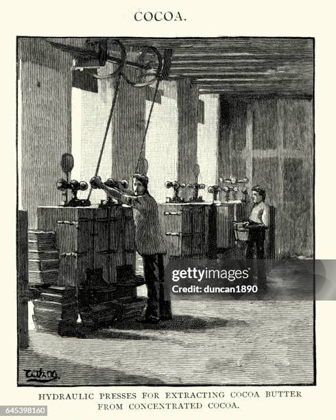 victorian hydraulic presses for extracting cocoa butter - chocolate factory stock illustrations