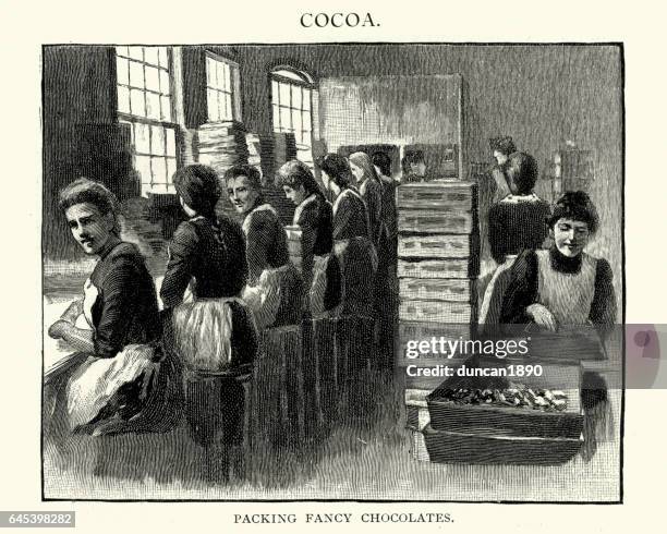 ilustraciones, imágenes clip art, dibujos animados e iconos de stock de chocolates fantasiosos de mujer embalaje - fábrica-de-chocolate