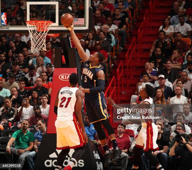 Lavoy Allen of the Indiana Pacers goes up for a shot during a game against the Miami Heat on February 25, 2017 at American Airlines Arena in Miami,...