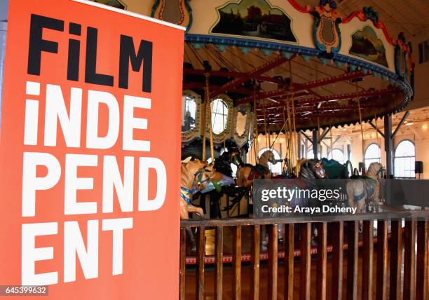 Signage is displayed at the 2017 Film Independent Spirit Awards at the Santa Monica Pier on February 25, 2017 in Santa Monica, California.