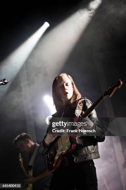 Singer Alex Trimble of the British band Two Door Cinema Club performs live during a concert at the Columbiahalle on February 25, 2017 in Berlin,...
