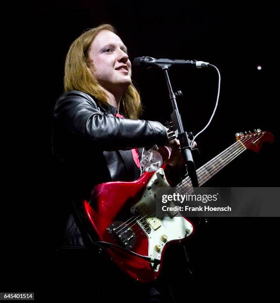 Singer Alex Trimble of the British band Two Door Cinema Club performs live during a concert at the Columbiahalle on February 25, 2017 in Berlin,...