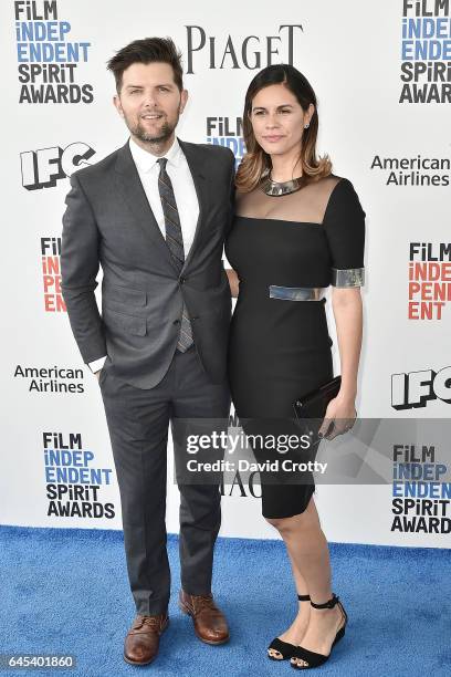 Adam Scott and Naomi Scott attend the 2017 Film Independent Spirit Awards Arrivals on February 25, 2017 in Santa Monica, California.