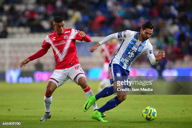 Freddy Hinestroza of Veracruz and Raul Lopez of Pachuca fight for the ball during the 8th round match between Pachuca and Veracruz as part of ther...