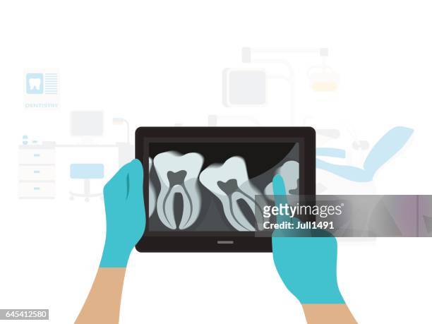 ilustraciones, imágenes clip art, dibujos animados e iconos de stock de radiografía de los dientes humanos en una tablet - imagen de rayos x