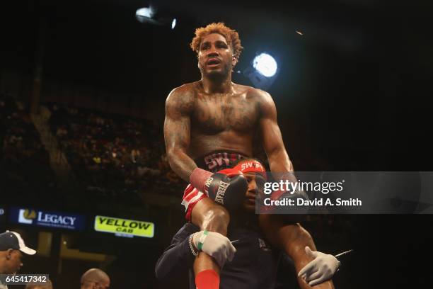 Jarrett Hurd celebrates his winning the IBF Junior Middleweight Title over Tony Harrison at Legacy Arena at the BJCC on February 25, 2017 in...