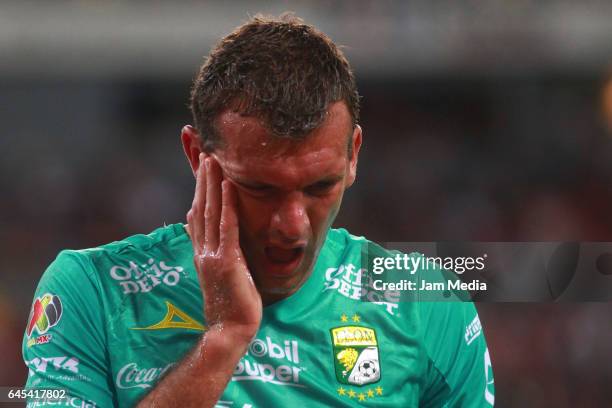 Diego Novaretti of Leon gestures during a match between Atlas against Leon the Clausura Tournament 2017 league Bancomer MX at Jalisco Stadium on...