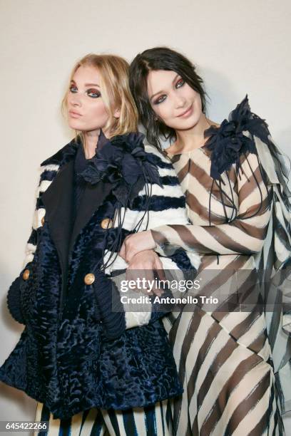 Elsa Hosk and Bella Hadid seen backstage ahead of the Alberta Ferretti show during Milan Fashion Week Fall/Winter 2017/18 on February 22, 2017 in...