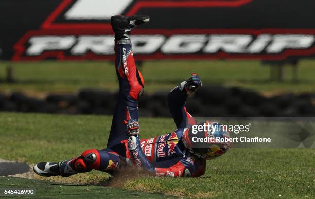 Nicky Hayden of the USA and rider of the Red Bull Honda World Superbike Team Honda crashes during race two of round one of the FIM World Superbike...