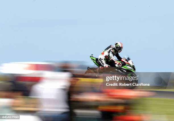 Jonathan Rea of Great Britain rides the Kawasaki Racing Team Kawasaki during race two of round one of the FIM World Superbike Championship at Phillip...