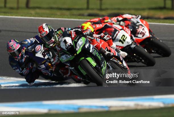 Jonathan Rea of Great Britain rides the Kawasaki Racing Team Kawasaki during race two of round one of the FIM World Superbike Championship at Phillip...