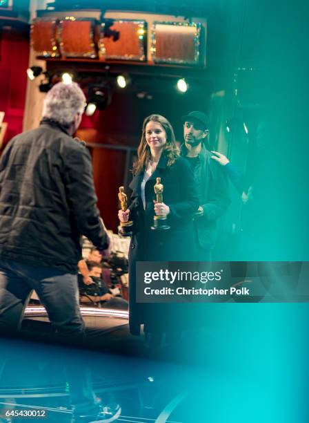 Actors Riz Ahmed and Felicity Jones on stage during rehersals for the 89th Annual Academy Awards at Hollywood & Highland Center on February 25, 2017...