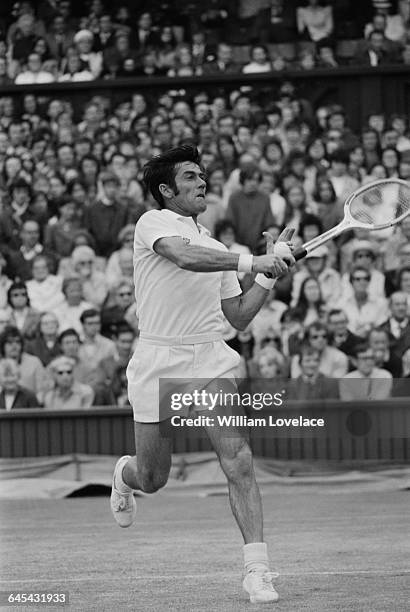 Australian tennis player Ken Rosewall plays Cliff Richey at Wimbledon, London, UK, 29th June 1971.