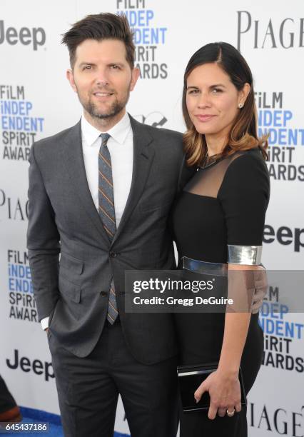 Actor Adam Scott and Naomi Scott arrive at the 2017 Film Independent Spirit Awards on February 25, 2017 in Santa Monica, California.