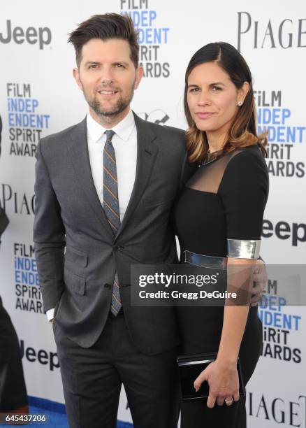 Actor Adam Scott and Naomi Scott arrive at the 2017 Film Independent Spirit Awards on February 25, 2017 in Santa Monica, California.