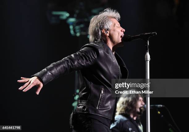 Frontman Jon Bon Jovi of Bon Jovi performs at T-Mobile Arena on February 25, 2017 in Las Vegas, Nevada.