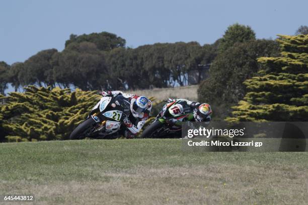 Markus Reiterberger of Germany and Althea BMW Racing Team leads Alex De Angelis of Rep. San Marino and Pedercini Racing during the race 2 during...