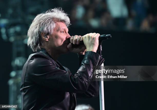 Frontman Jon Bon Jovi of Bon Jovi performs at T-Mobile Arena on February 25, 2017 in Las Vegas, Nevada.