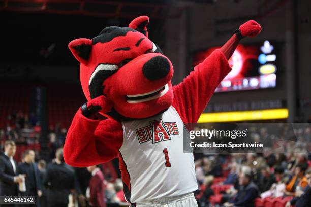 Howl, the ASU mascot, fires up the crowd during the game between the Arkansas State Red Wolves and the Georgia Southern Eagles on February 25, 2017...