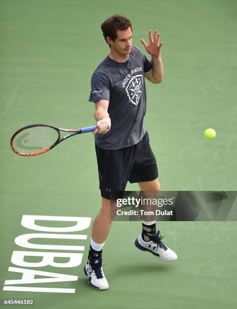 Andy Murray of United Kingdom practices prior to the ATP Dubai Duty Free Tennis Championship on February 26, 2017 in Dubai, United Arab Emirates.