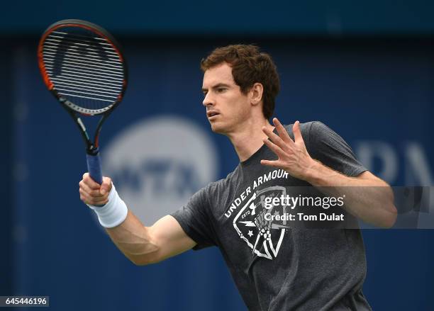 Andy Murray of United Kingdom practices prior to the ATP Dubai Duty Free Tennis Championship on February 26, 2017 in Dubai, United Arab Emirates.