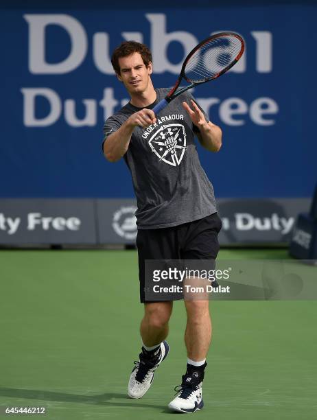 Andy Murray of United Kingdom practices prior to the ATP Dubai Duty Free Tennis Championship on February 26, 2017 in Dubai, United Arab Emirates.