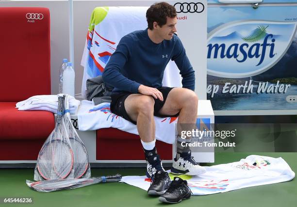 Andy Murray of United Kingdom prepares for his practice session prior to the ATP Dubai Duty Free Tennis Championship on February 26, 2017 in Dubai,...