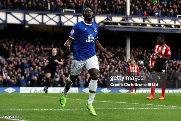 Romelu Lukaku of Everton celebrates scoring his side's second goal during the Premier League match between Everton and Sunderland at Goodison Park on...