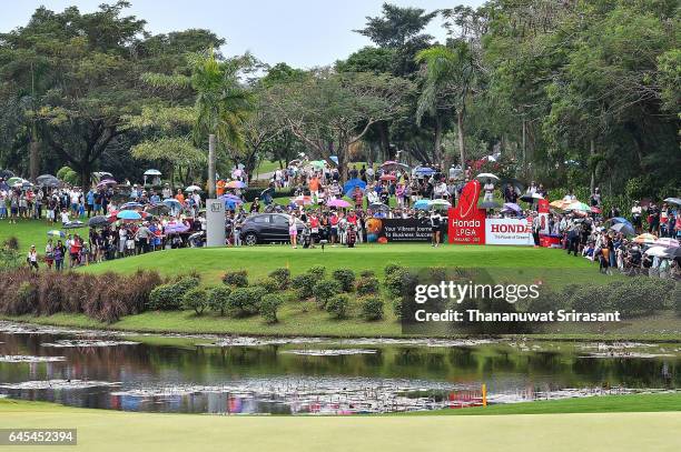 Ariya Jutanugarn of Thailand tee off at 8th hole during the final round of Honda LPGA Thailand at Siam Country Club on February 26, 2017 in Chonburi,...