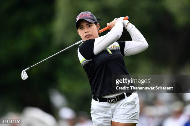 Moriya Jutanugarn of Thailand plays the shot during the final round of Honda LPGA Thailand at Siam Country Club on February 26, 2017 in Chonburi,...