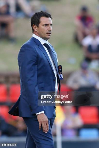 Paul Okon coach of the Mariners reacts during the round 21 A-League match between the Newcastle Jets and the Central Coast Mariners at McDonald Jones...