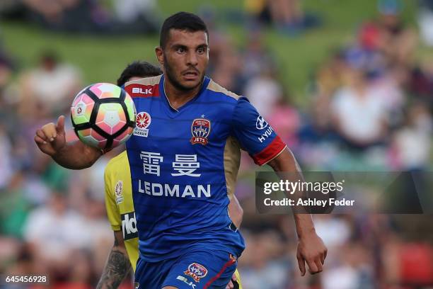 Andrew Nabbout of the Jets in action during the round 21 A-League match between the Newcastle Jets and the Central Coast Mariners at McDonald Jones...