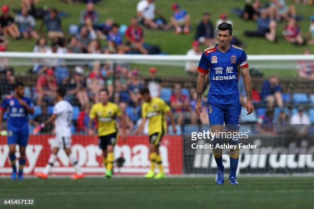 Jason Hoffman of the Jets looks dejected during the round 21 A-League match between the Newcastle Jets and the Central Coast Mariners at McDonald...