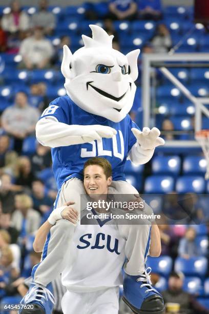 The Billiken mascot and a SLU cheerleader in the first half during an Atlantic 10 Conference basketball game between the Saint Joseph's University...