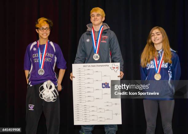 Trinity junior Mack Beggs received a medal for winning the State Championship of the 6A Girls 110 Weight Class of the Texas Wrestling State...