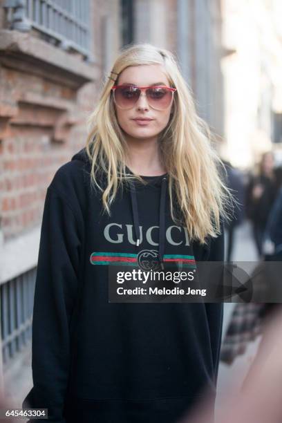 Supermodel Elsa Hosk wears a black Gucci sweatshirt outside Ermanno Scervino during Milan Fashion Week Fall/Winter 2017/18 on February 25, 2017 in...